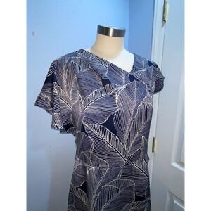 Viola Leaf Print Dress Asymmetrical Sleeve Sheath Career Cocktail Party Navy 40